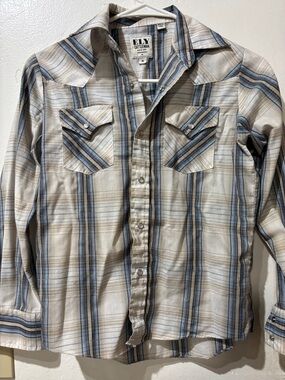 Ely Cattleman Cream and Blue Western Plaid Snap Shirt